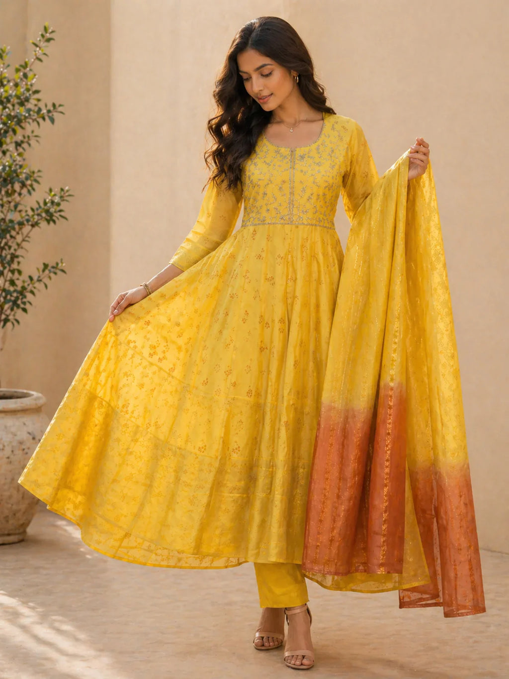 Chanderi Embroidered Anarkali Calf Length Kurta With Pant and Dupatta