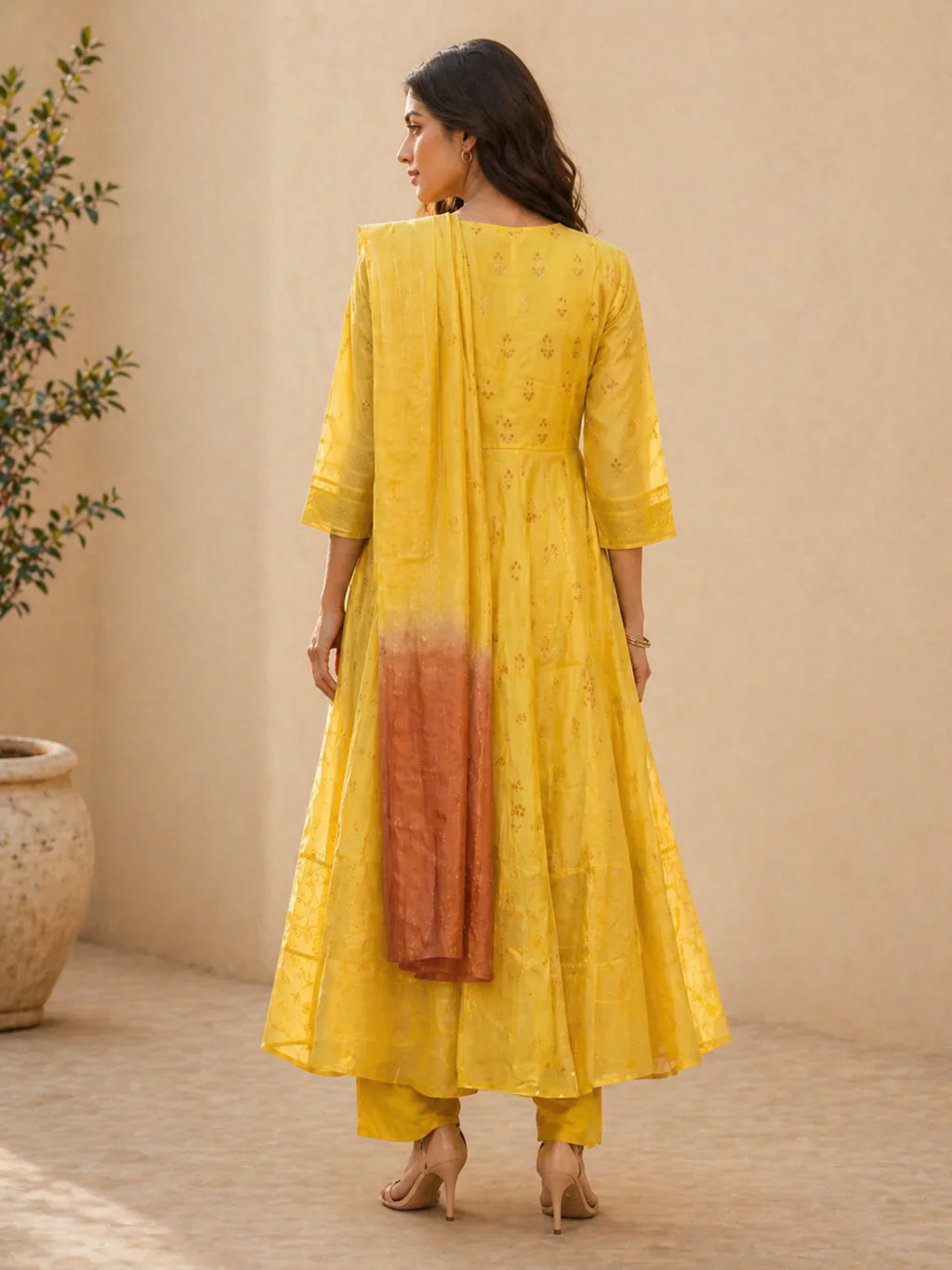 Chanderi Embroidered Anarkali Calf Length Kurta With Pant and Dupatta