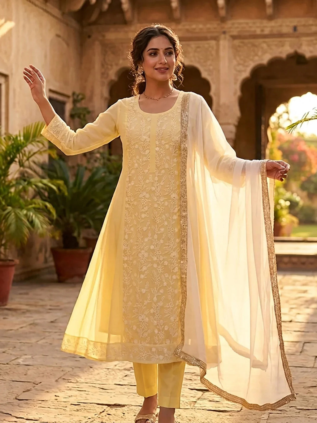 Chanderi Embroidered  Anarkali Calf Length Kurta With Pant and Dupatta