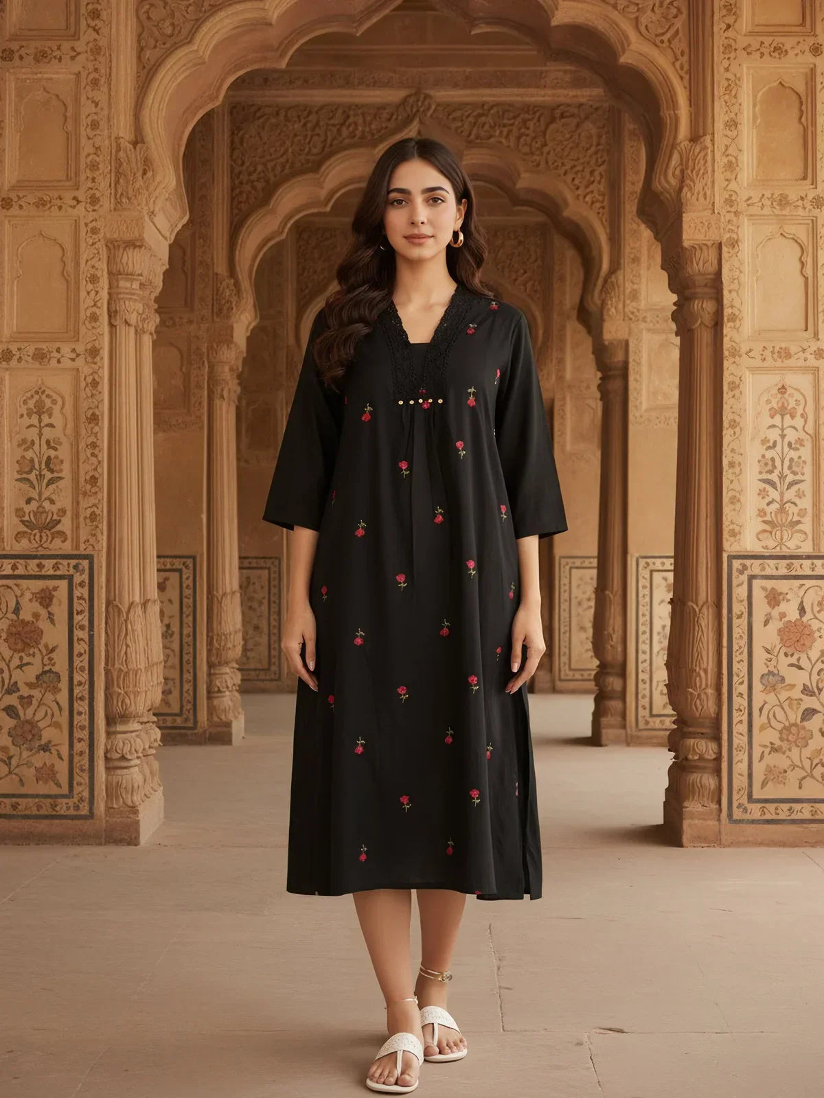 Cotton Flex Embroidered Flared Calf Length Dress
