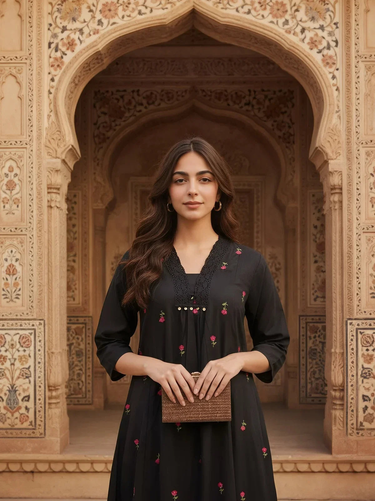 Cotton Flex Embroidered Flared Calf Length Dress