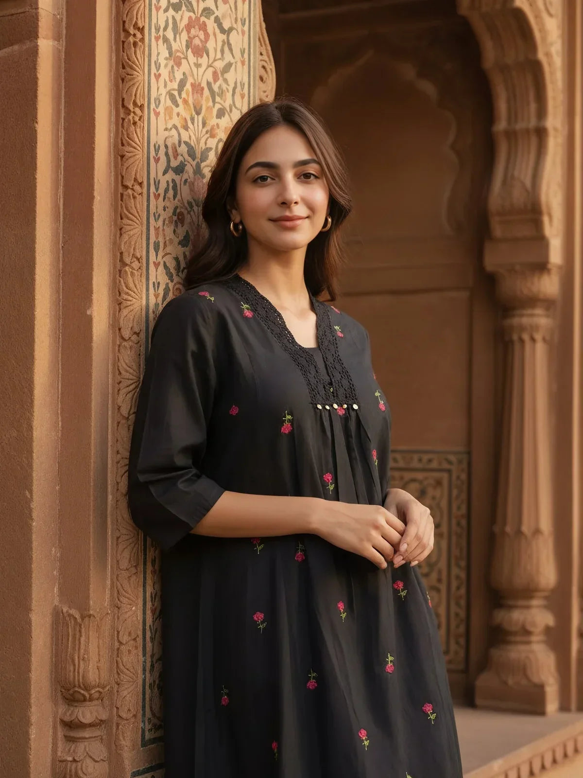 Cotton Flex Embroidered Flared Calf Length Dress