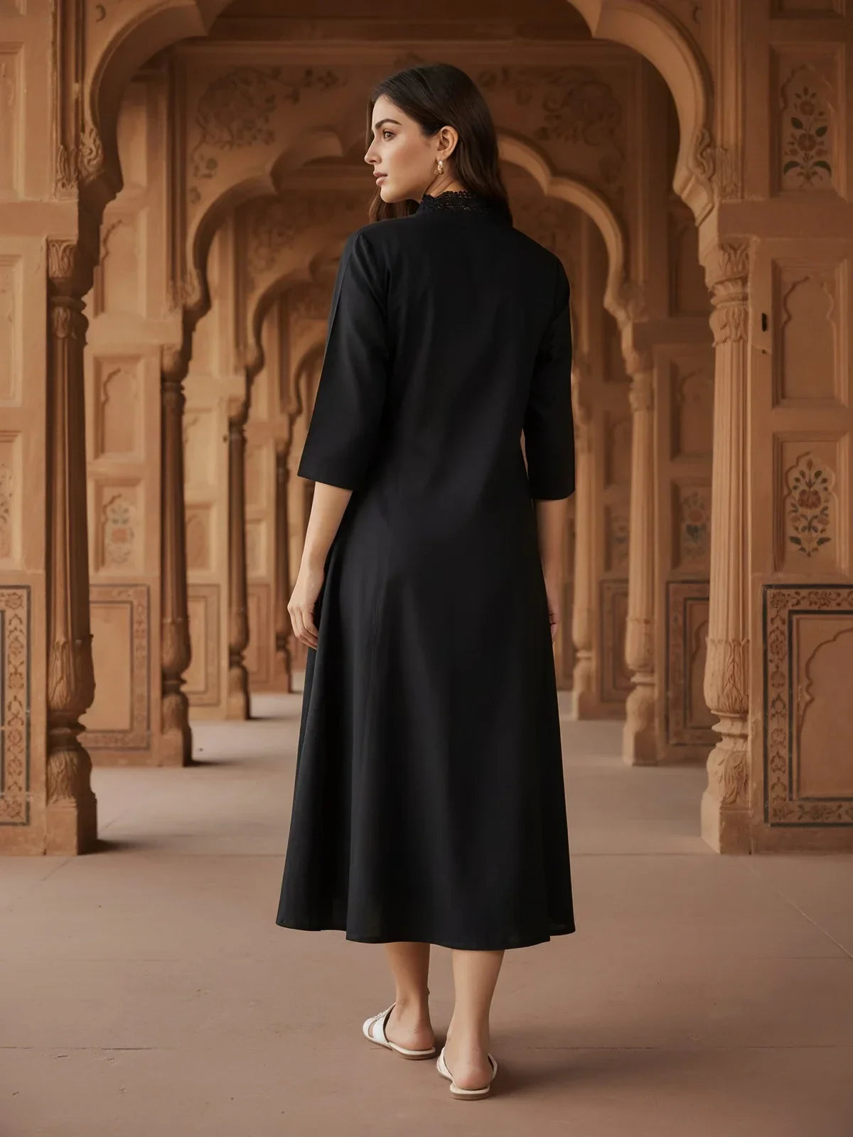 Cotton Flex Embroidered Flared Calf Length Dress