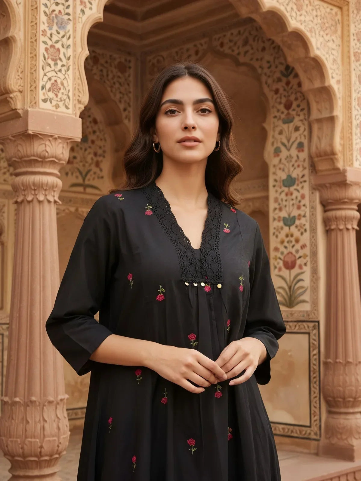 Cotton Flex Embroidered Flared Calf Length Dress