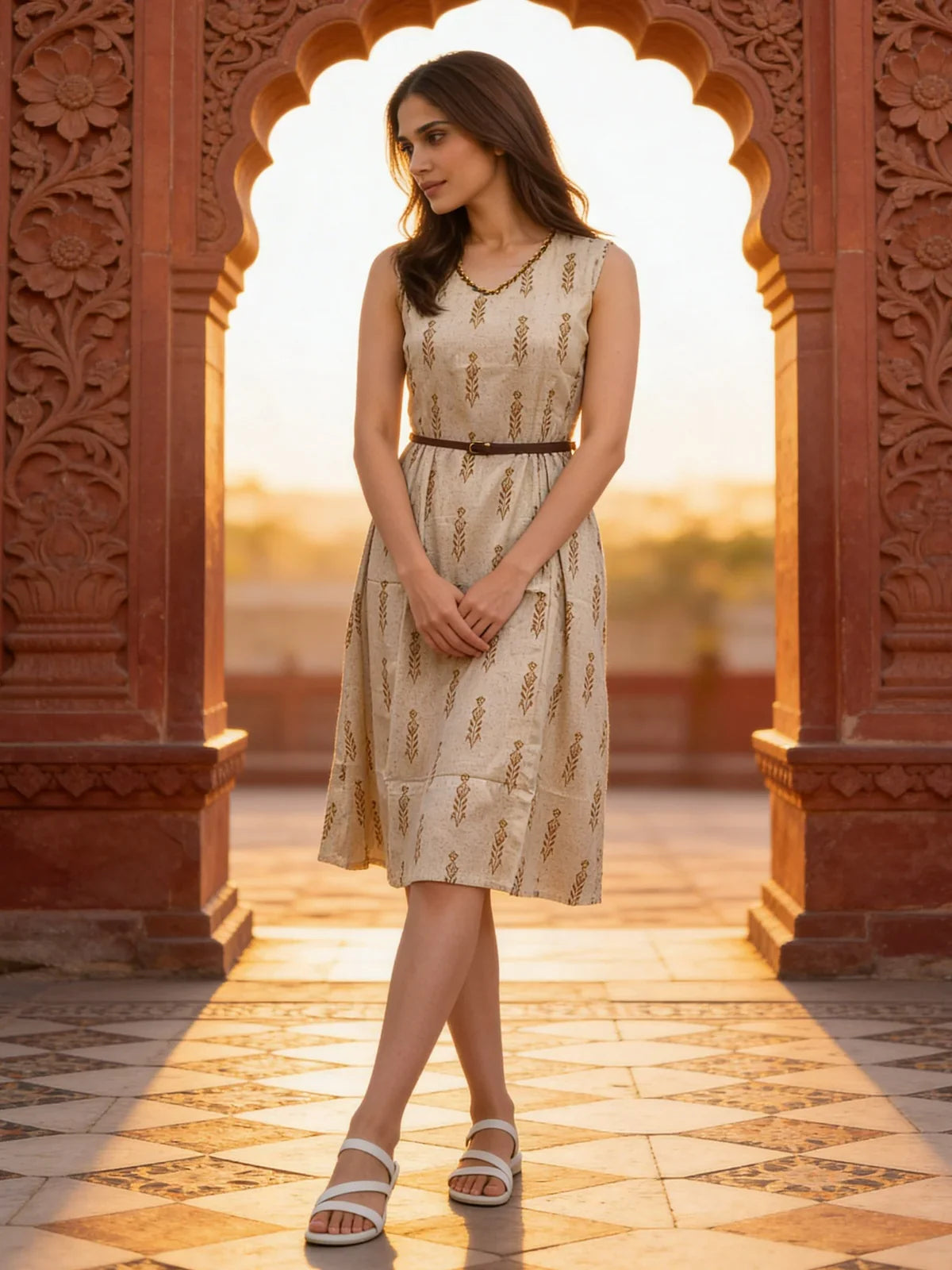 Cotton Printed Flared Calf Length Dress