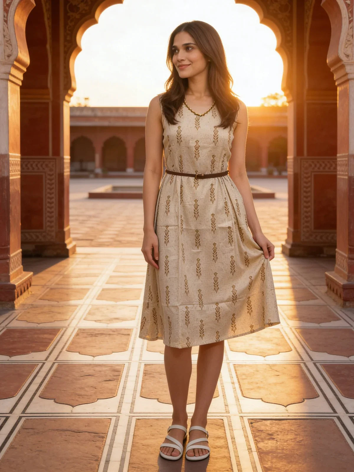 Cotton Printed Flared Calf Length Dress