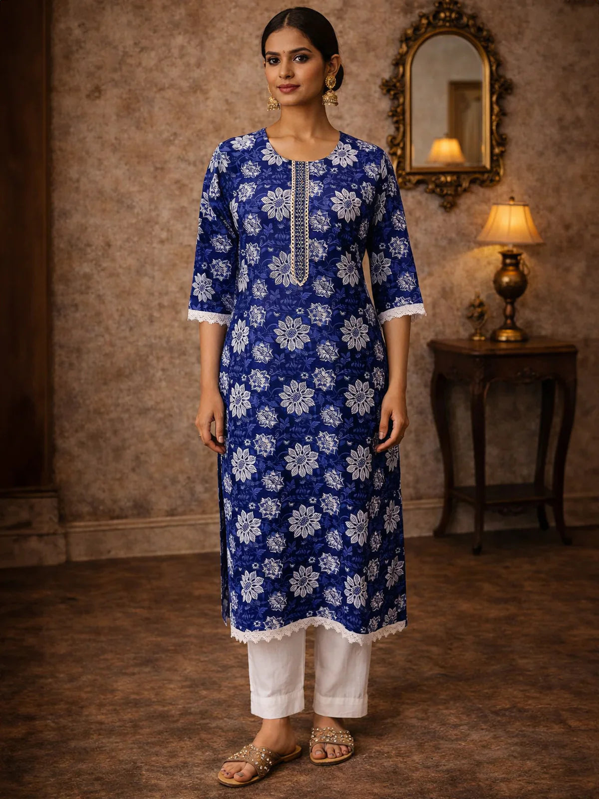 Cotton Embroidered Straight Knee Length Kurta