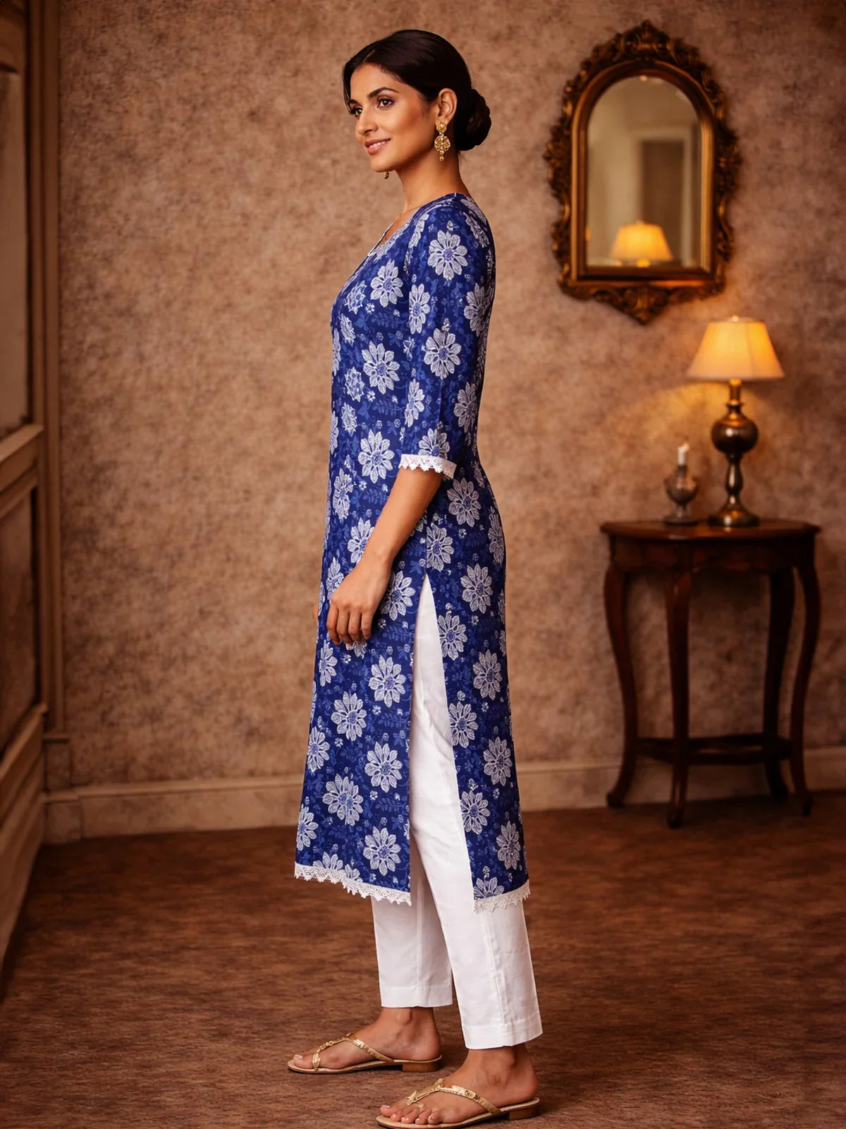 Cotton Embroidered Straight Knee Length Kurta