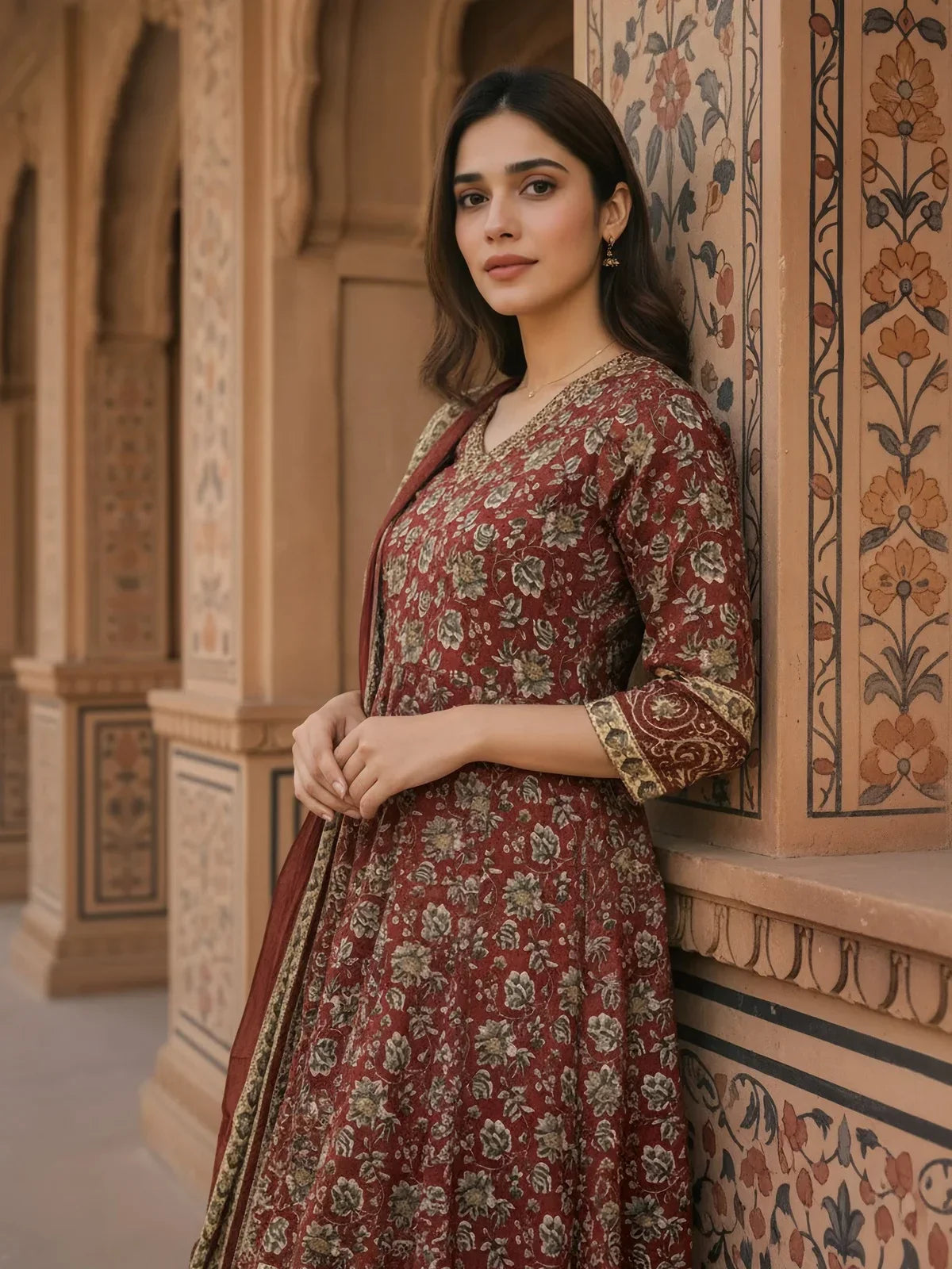 Cotton Embroidered Anarkali Calf Length Kurta with Pant and Dupatta