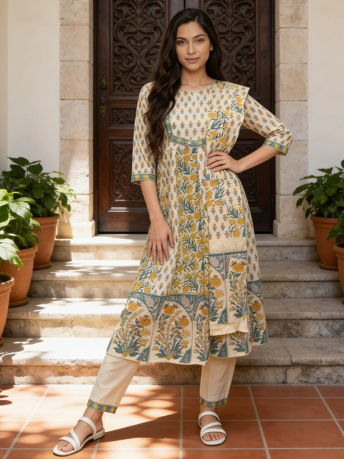 Cotton Embroidered Anarkali Calf Length Kurta With Pant and Dupatta