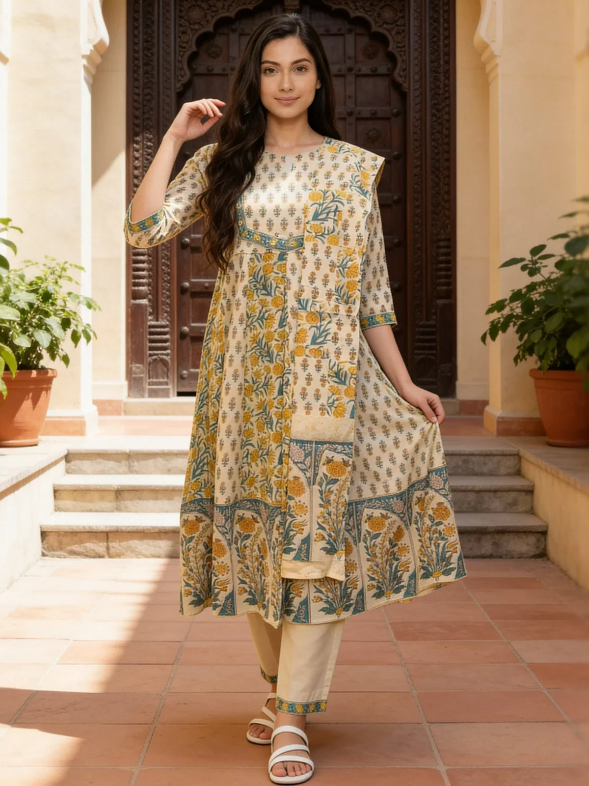 Cotton Embroidered Anarkali Calf Length Kurta With Pant and Dupatta