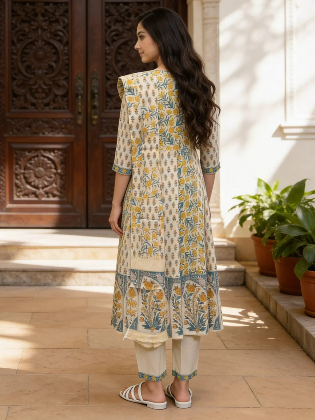 Cotton Embroidered Anarkali Calf Length Kurta With Pant and Dupatta
