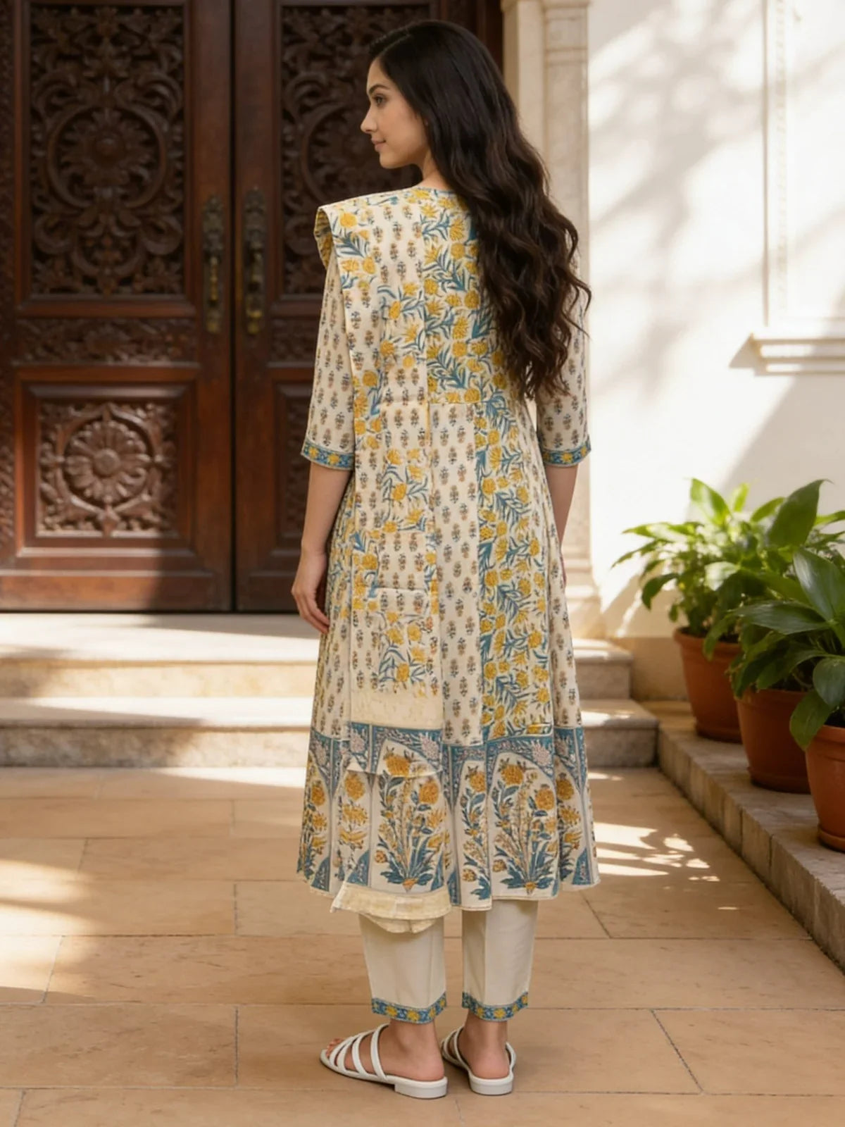 Cotton Embroidered Anarkali Calf Length Kurta With Pant and Dupatta
