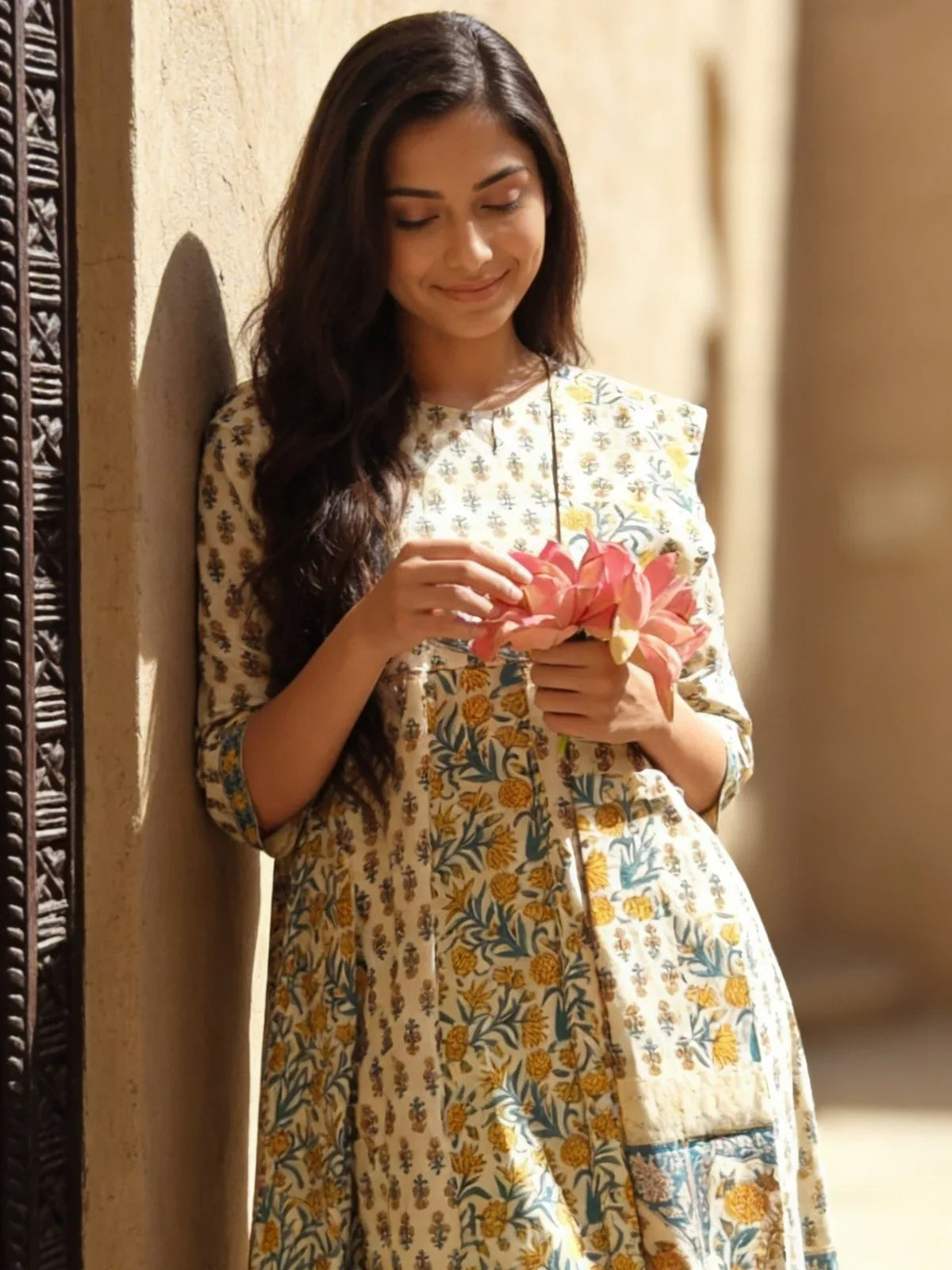 Cotton Embroidered Anarkali Calf Length Kurta With Pant and Dupatta
