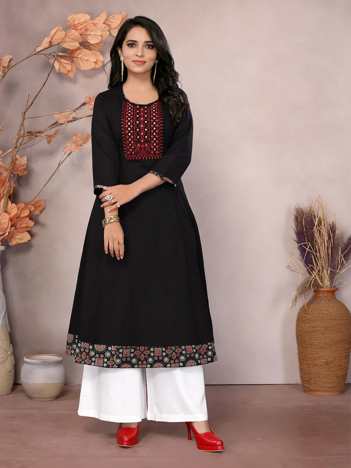 Cotton Embroidered Calf Length Flared Kurta