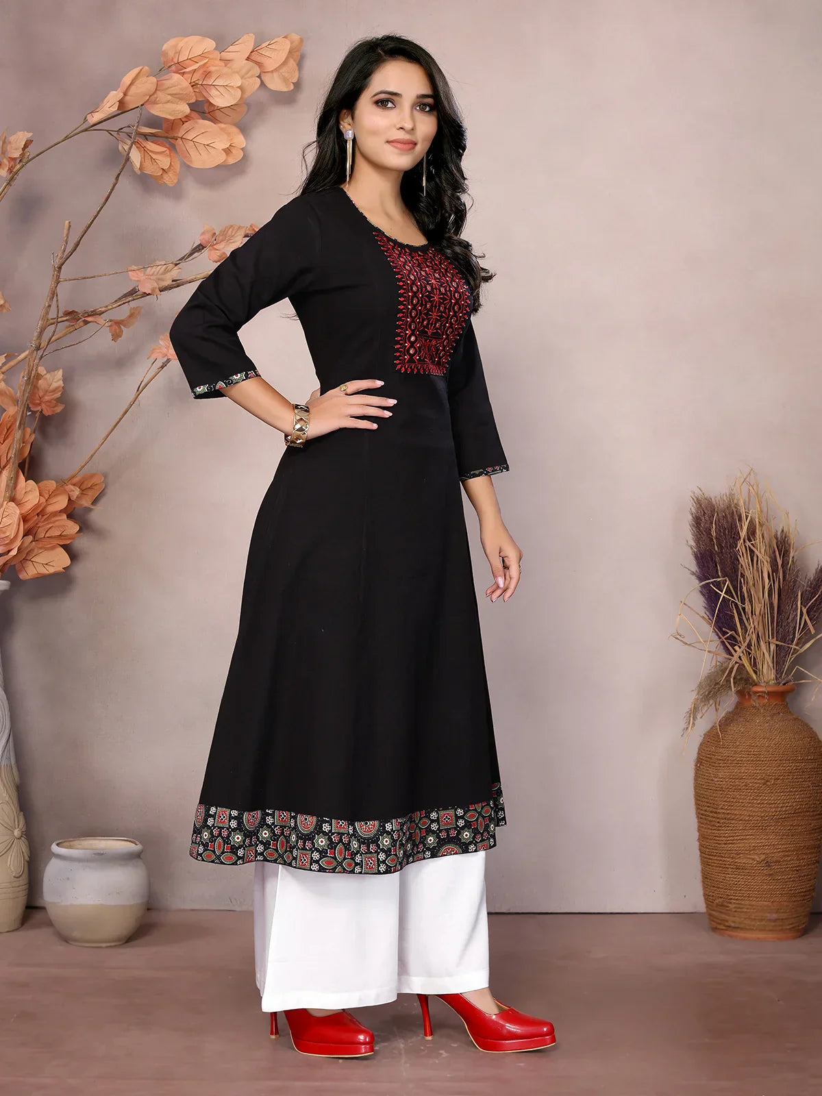Cotton Embroidered Calf Length Flared Kurta