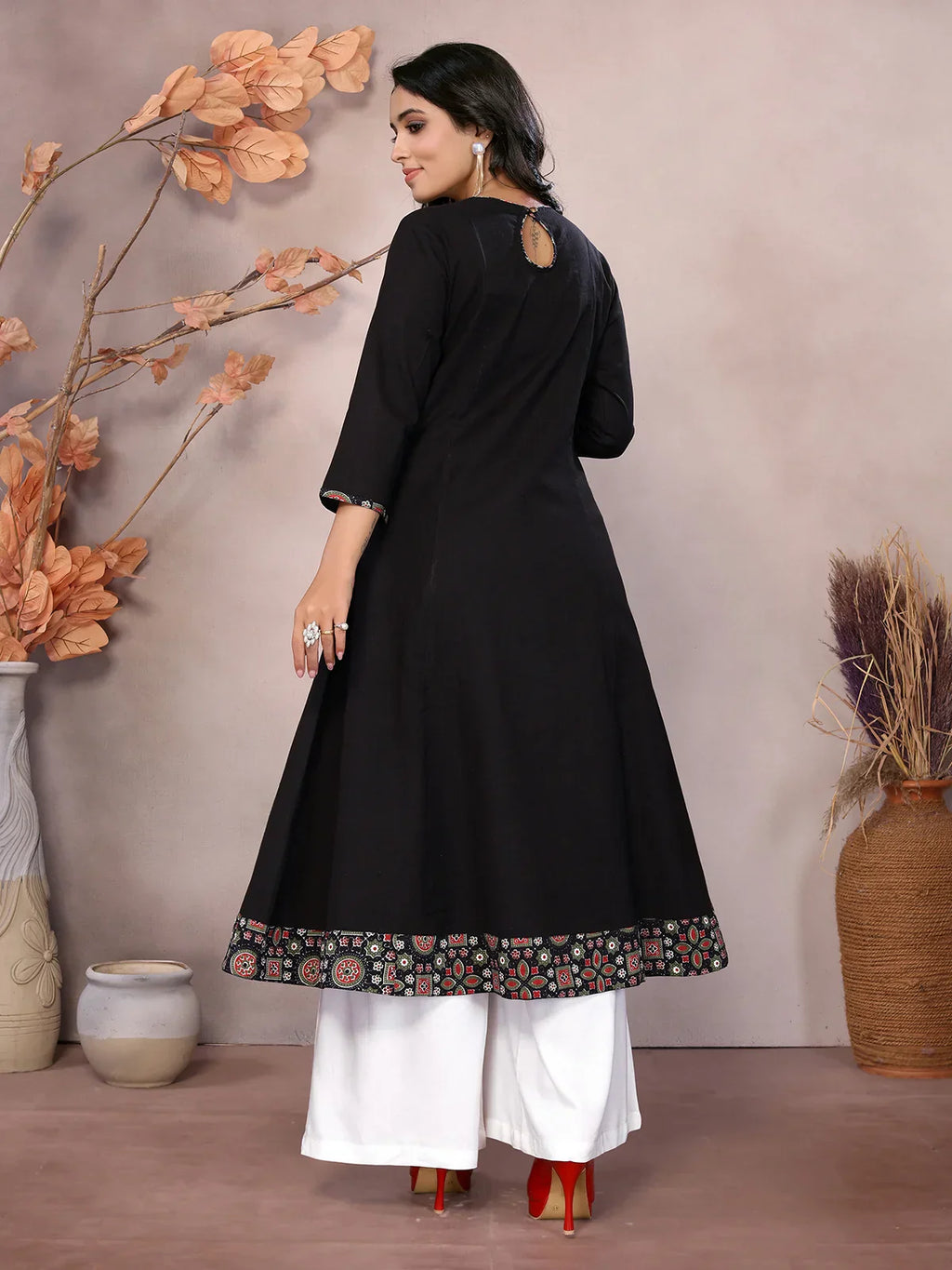 Cotton Embroidered Calf Length Flared Kurta