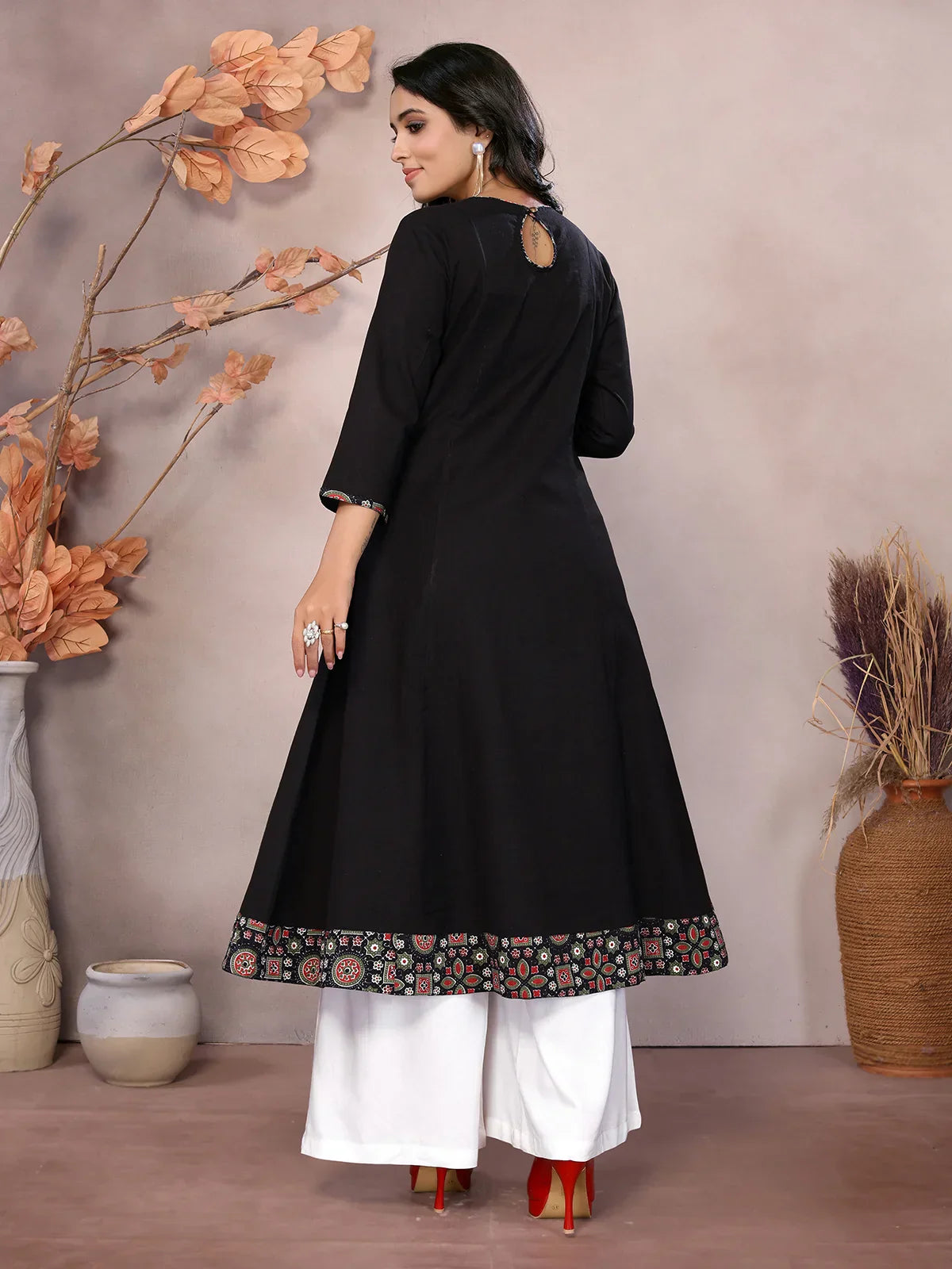 Cotton Embroidered Calf Length Flared Kurta