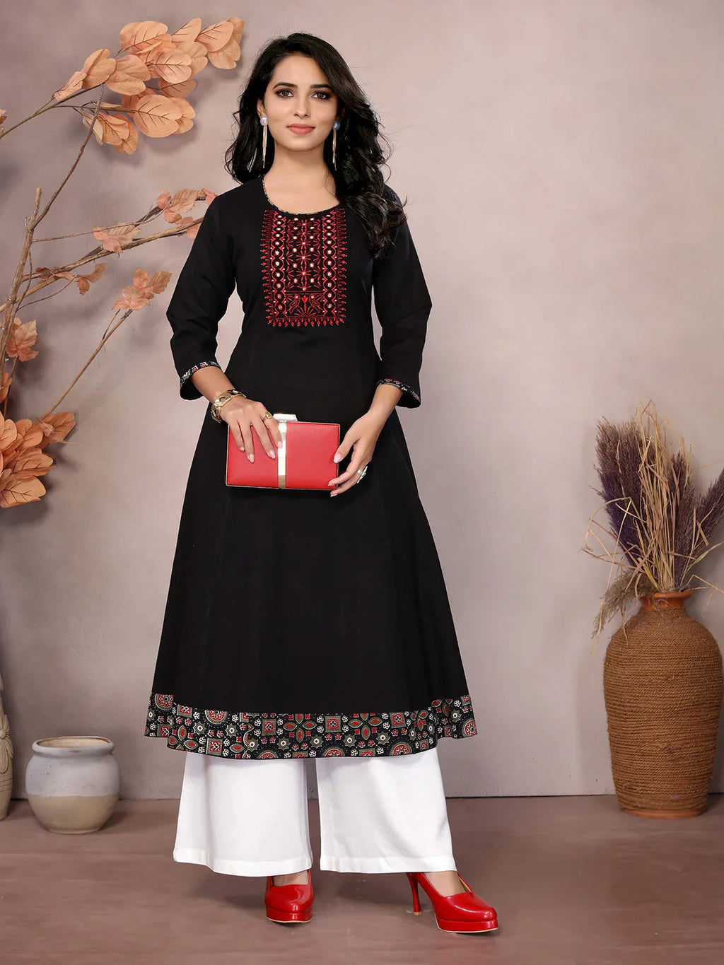 Cotton Embroidered Calf Length Flared Kurta