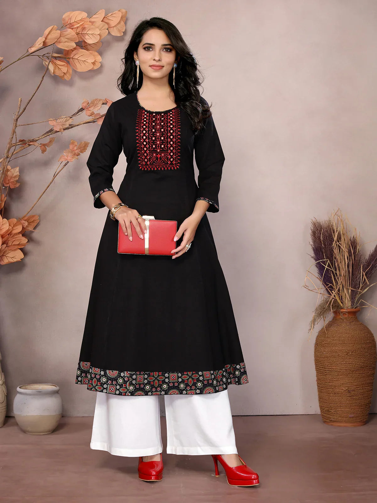 Cotton Embroidered Calf Length Flared Kurta