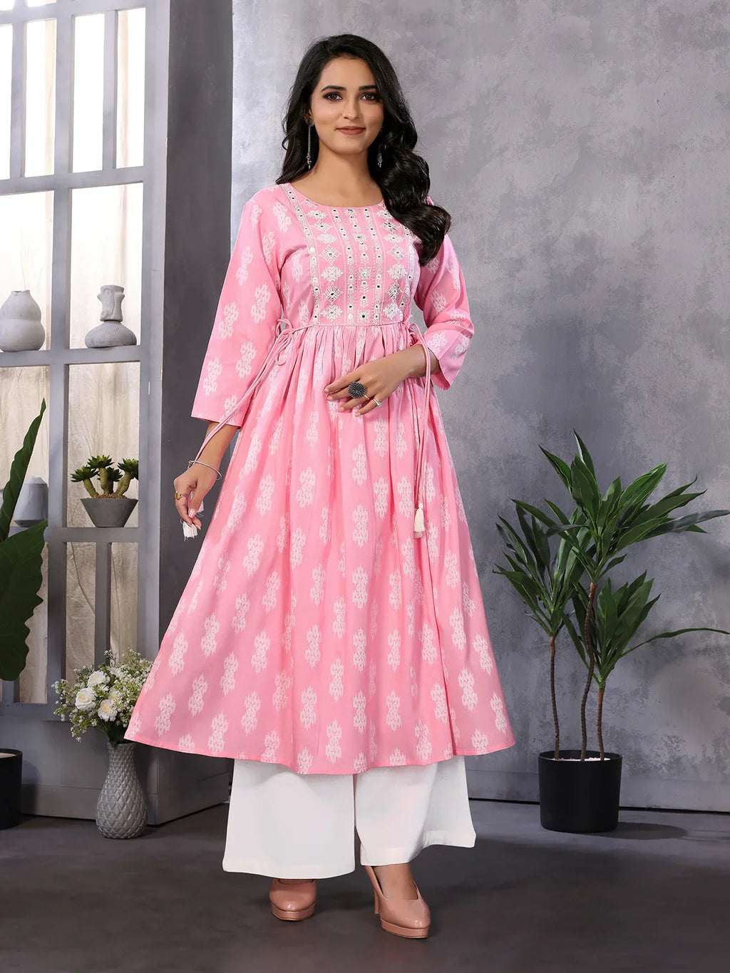 Rayon Embroidered Calf Length A-Line Kurta with Drawstring