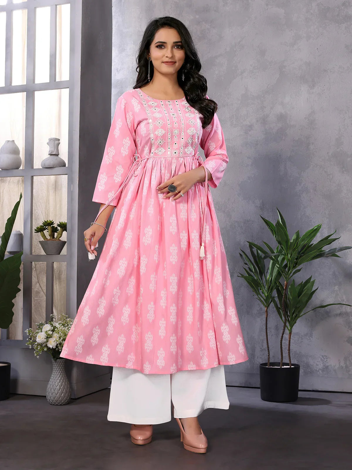 Rayon Embroidered Calf Length A-Line Kurta with Drawstring
