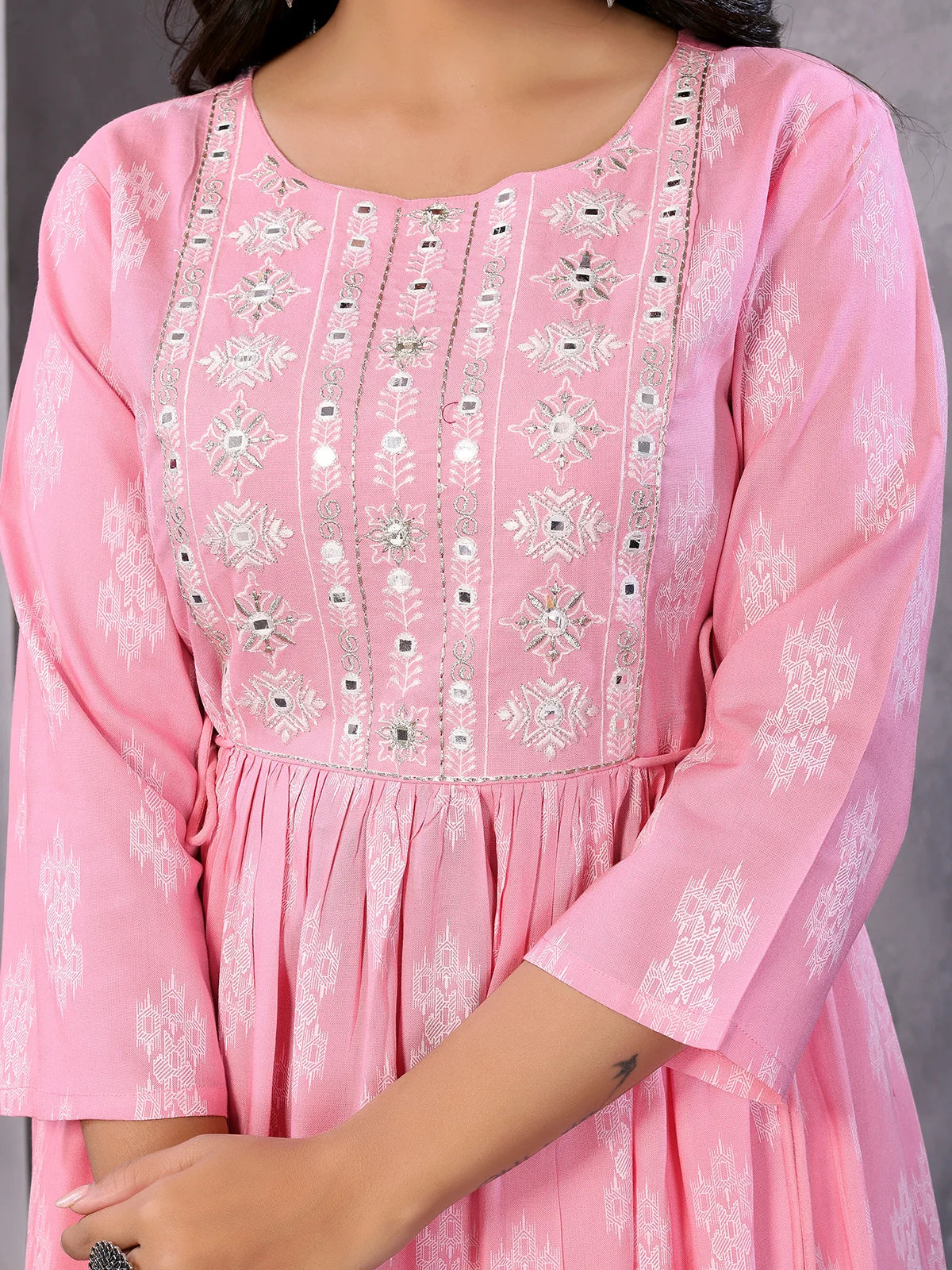 Rayon Embroidered Calf Length A-Line Kurta with Drawstring