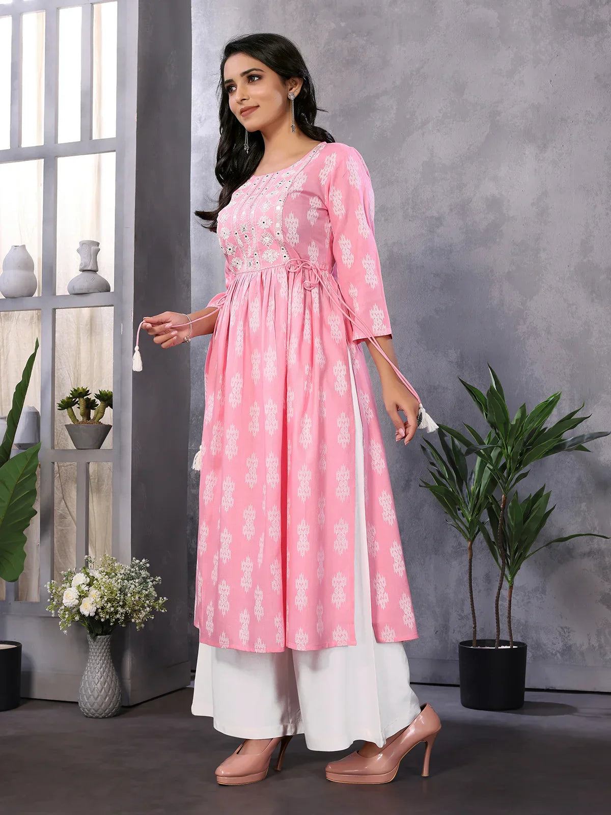 Rayon Embroidered Calf Length A-Line Kurta with Drawstring