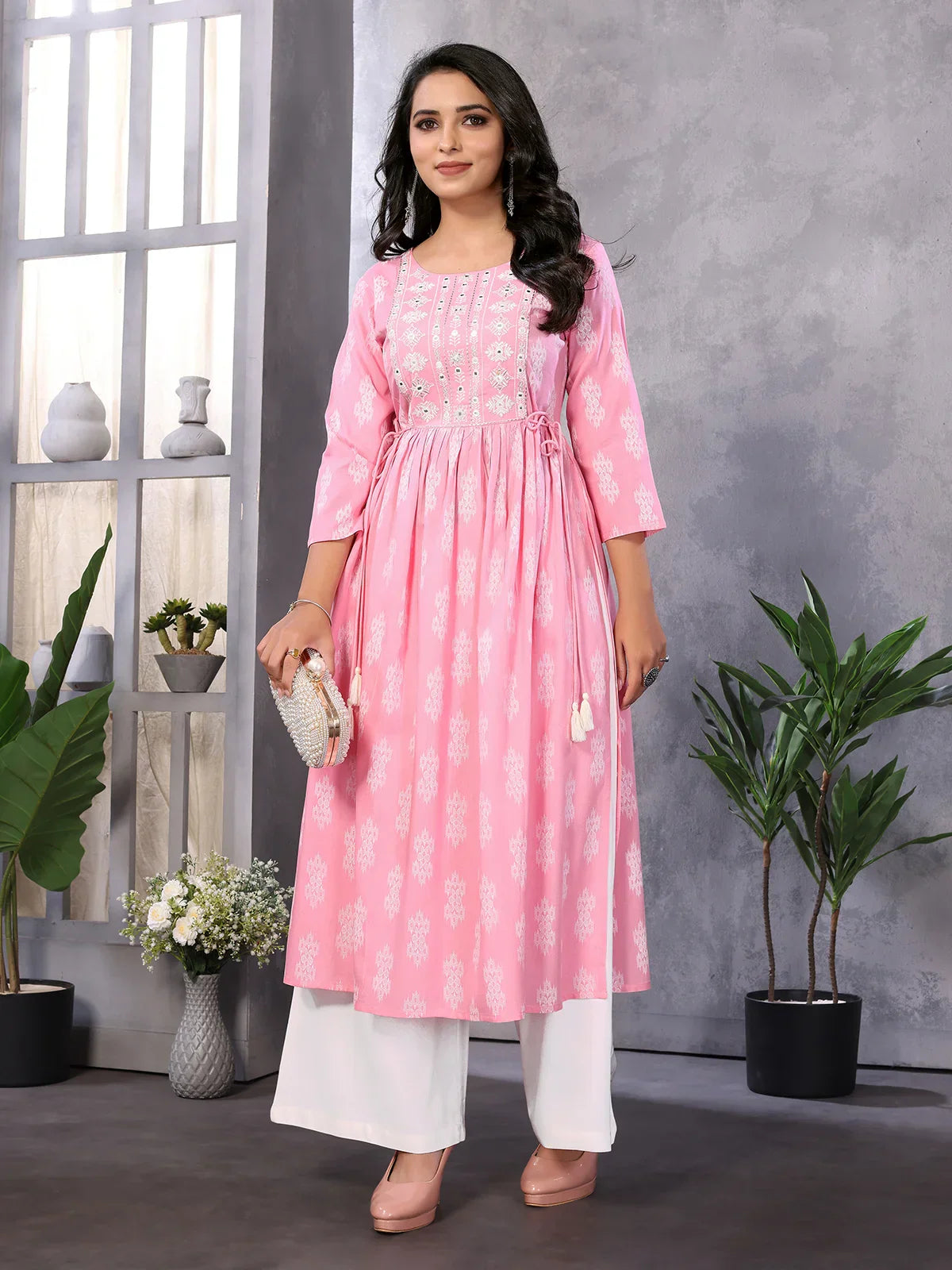 Rayon Embroidered Calf Length A-Line Kurta with Drawstring
