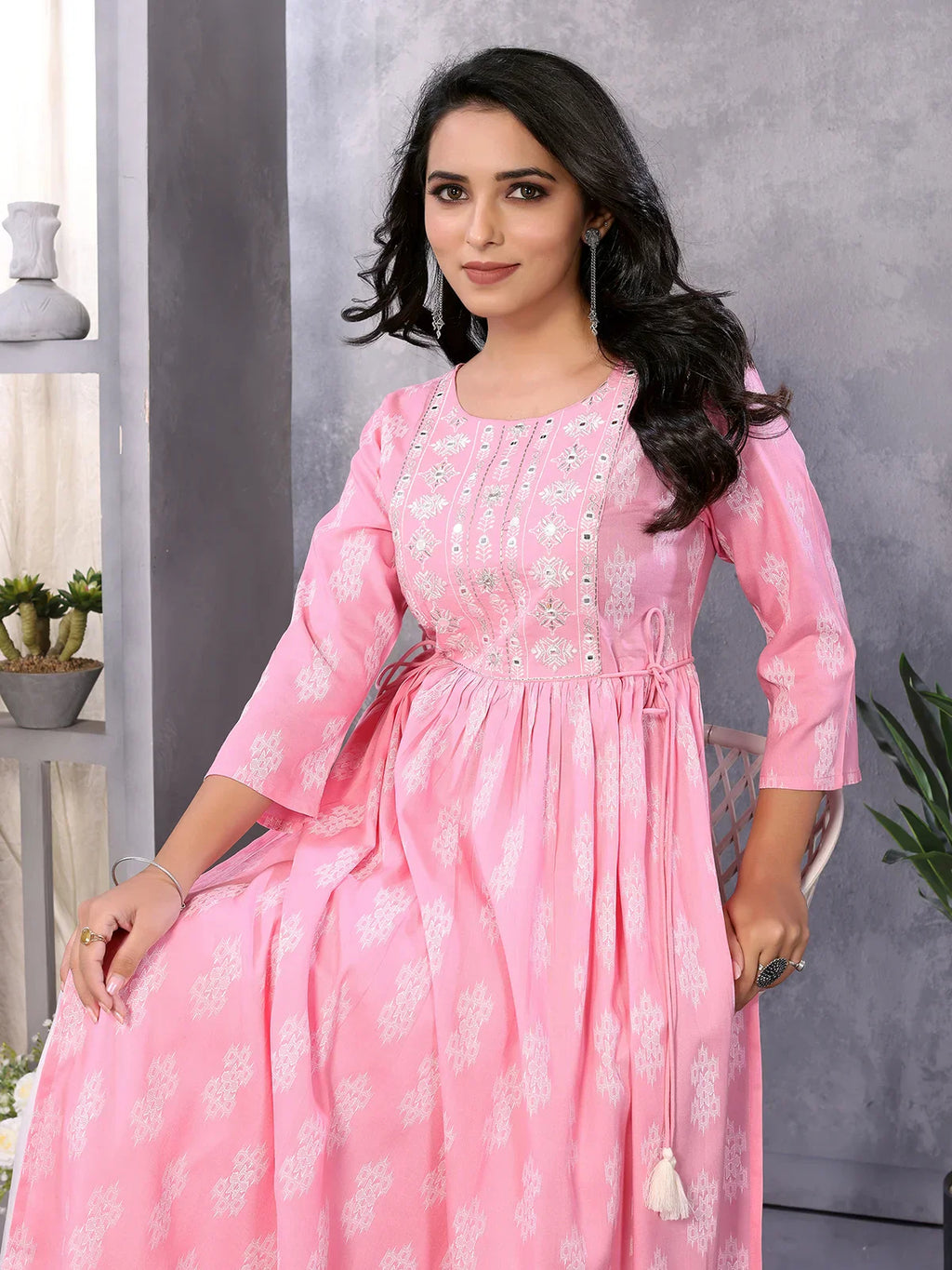 Rayon Embroidered Calf Length A-Line Kurta with Drawstring