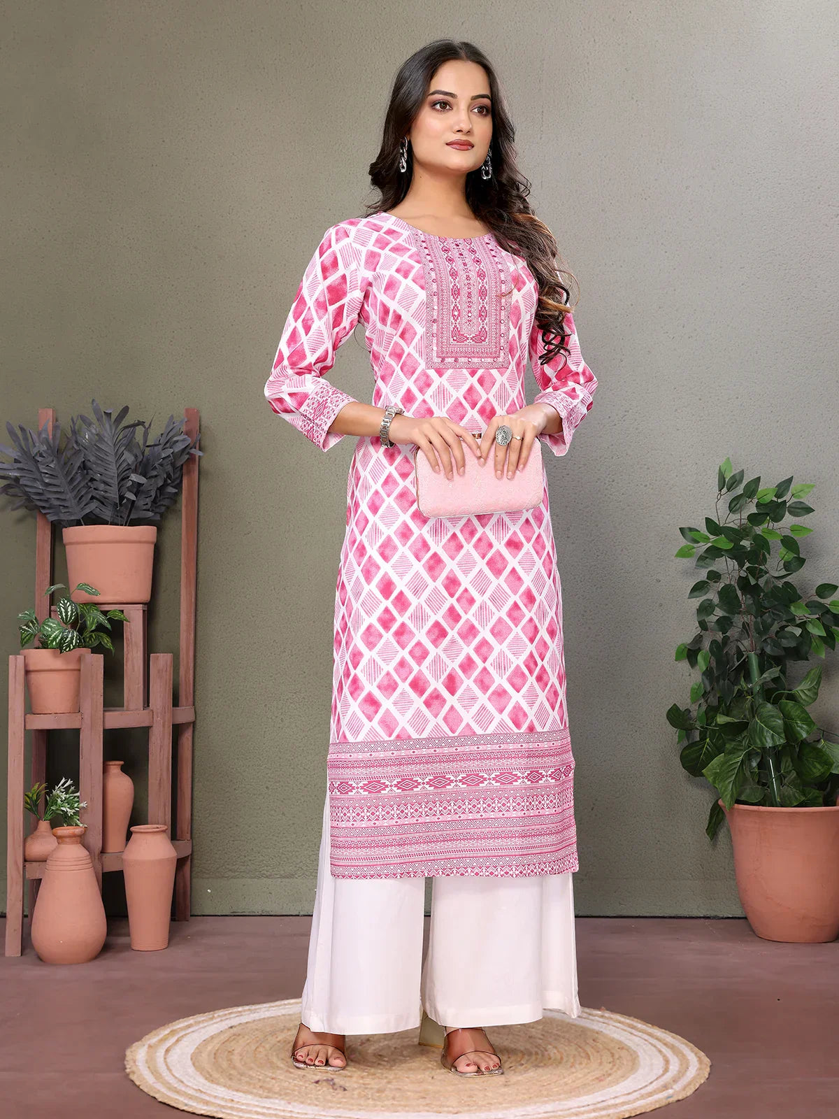 Cotton Embroidered Calf Length Straight Kurta