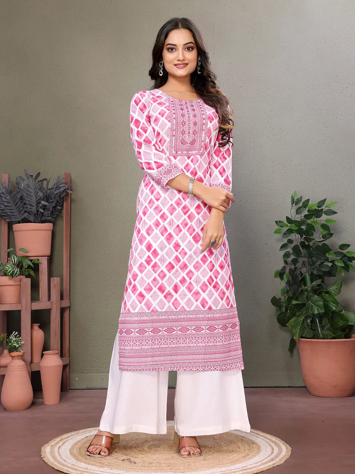 Cotton Embroidered Calf Length Straight Kurta