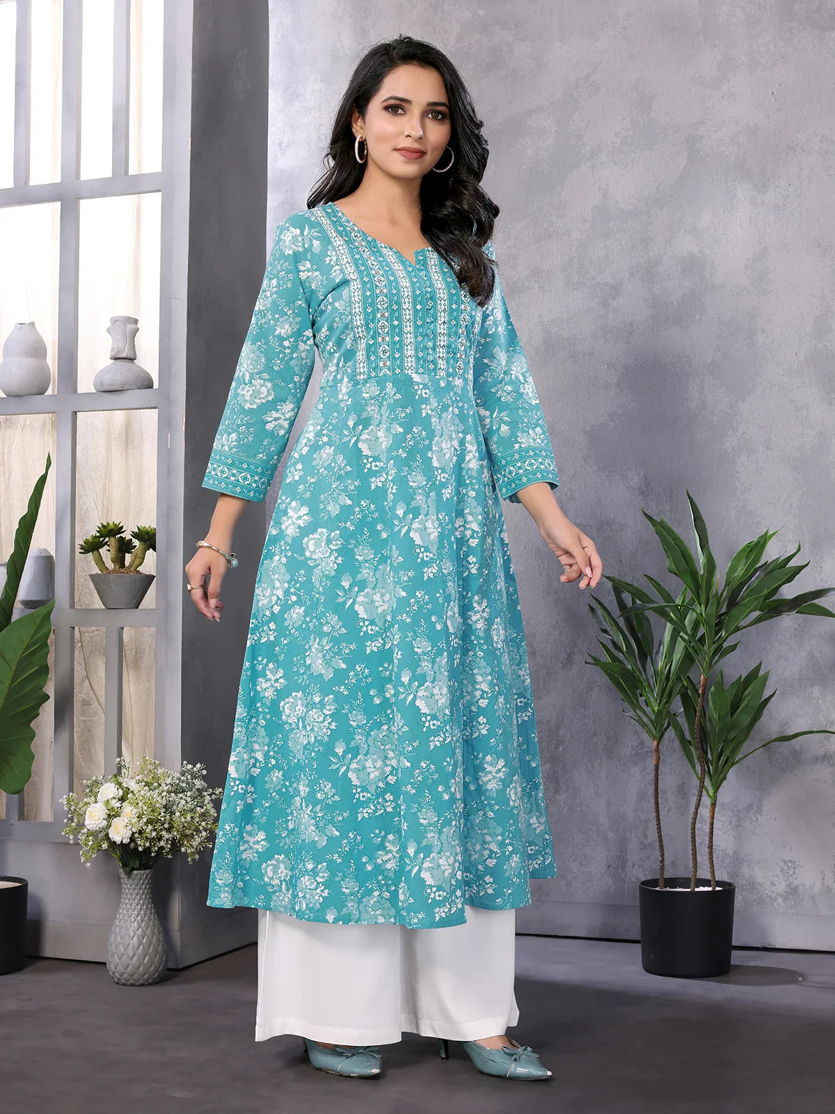 Cotton Embroidered Calf Length Anarkali Kurta