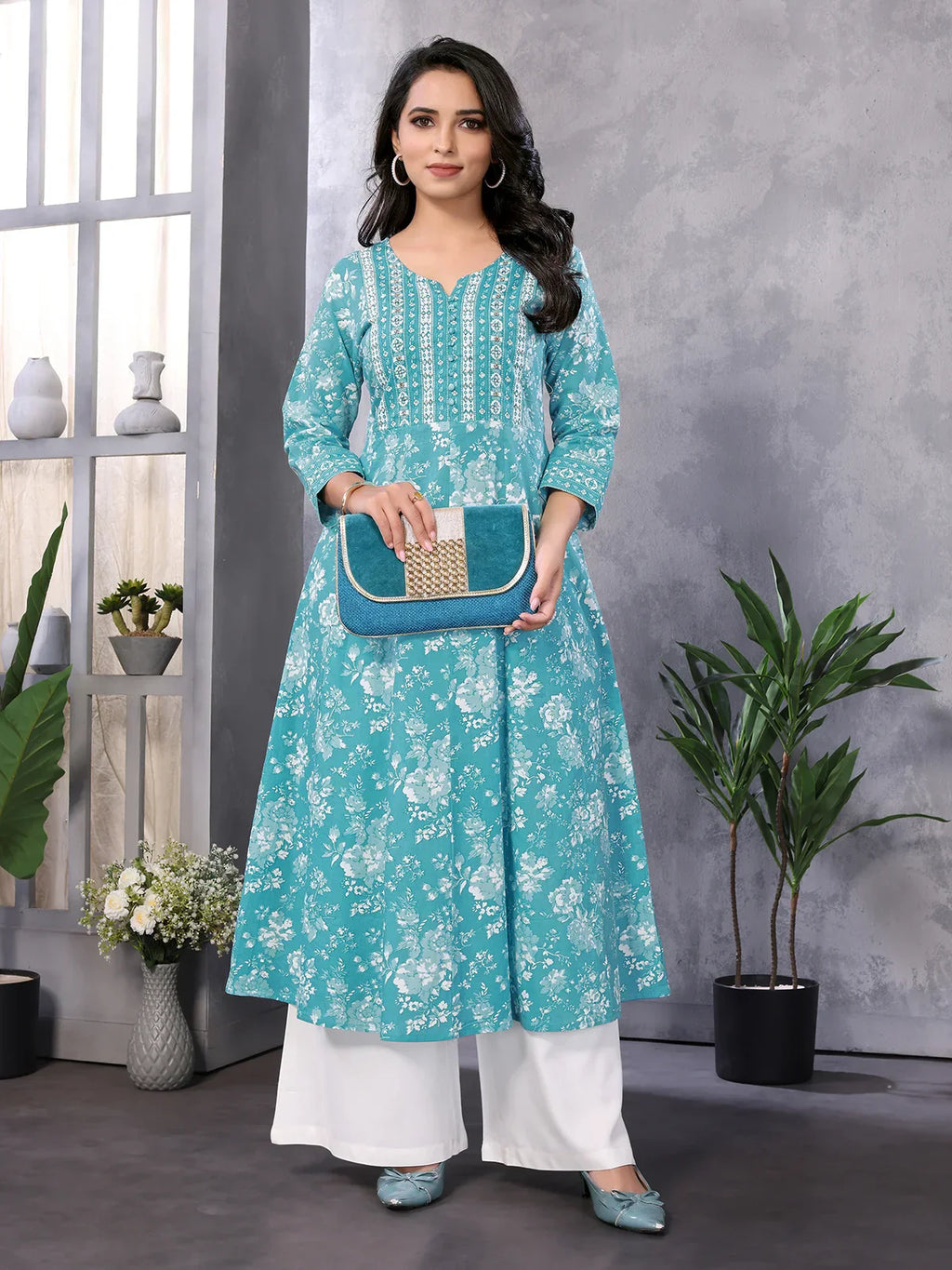 Cotton Embroidered Calf Length Anarkali Kurta