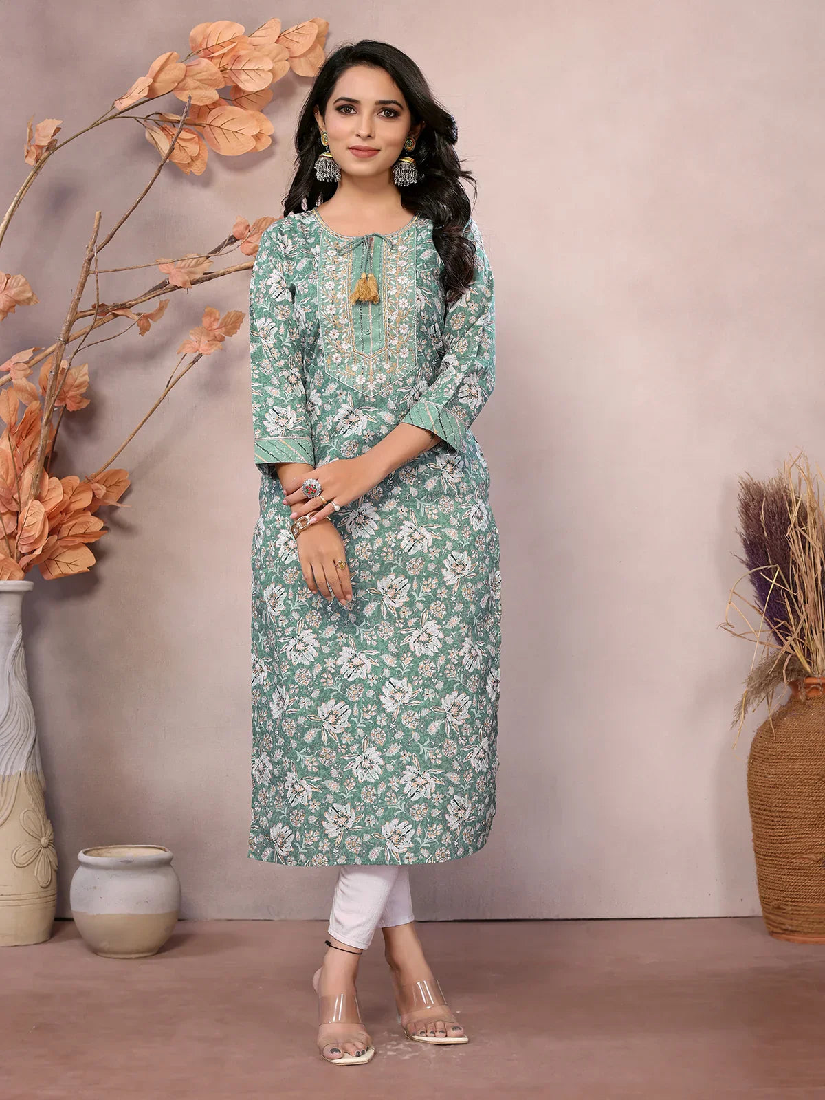 Cotton Embroidered Calf Length Straight Kurta
