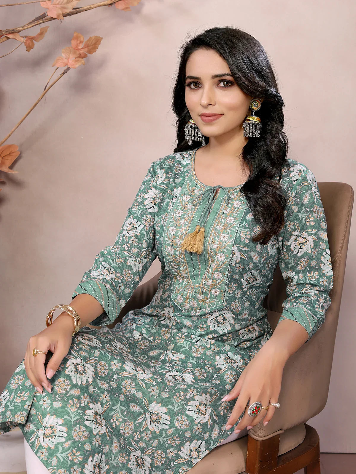 Cotton Embroidered Calf Length Straight Kurta