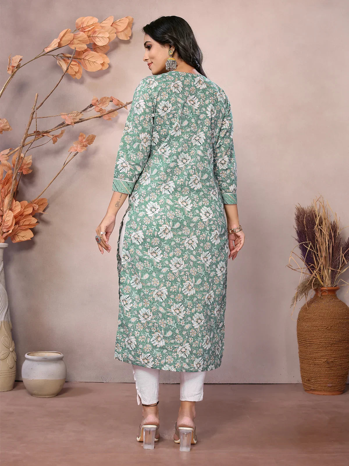 Cotton Embroidered Calf Length Straight Kurta