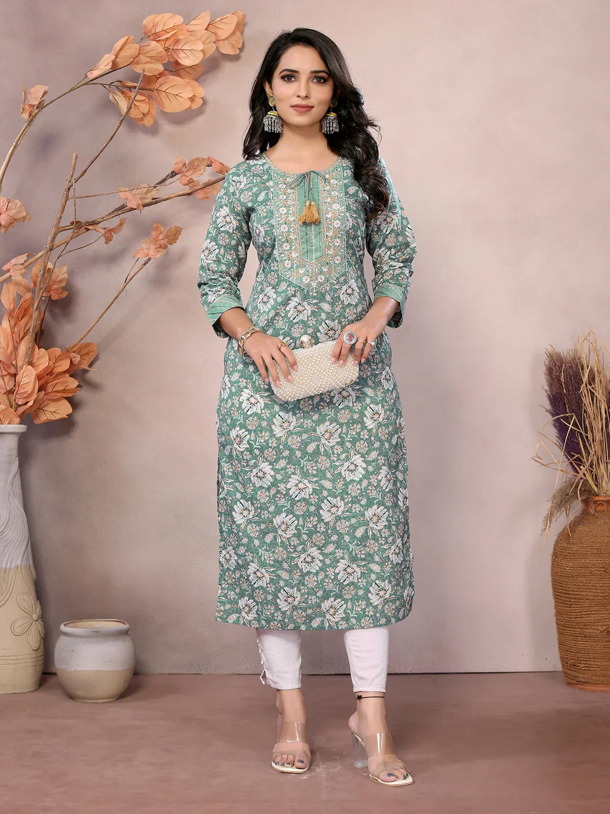 Cotton Embroidered Calf Length Straight Kurta