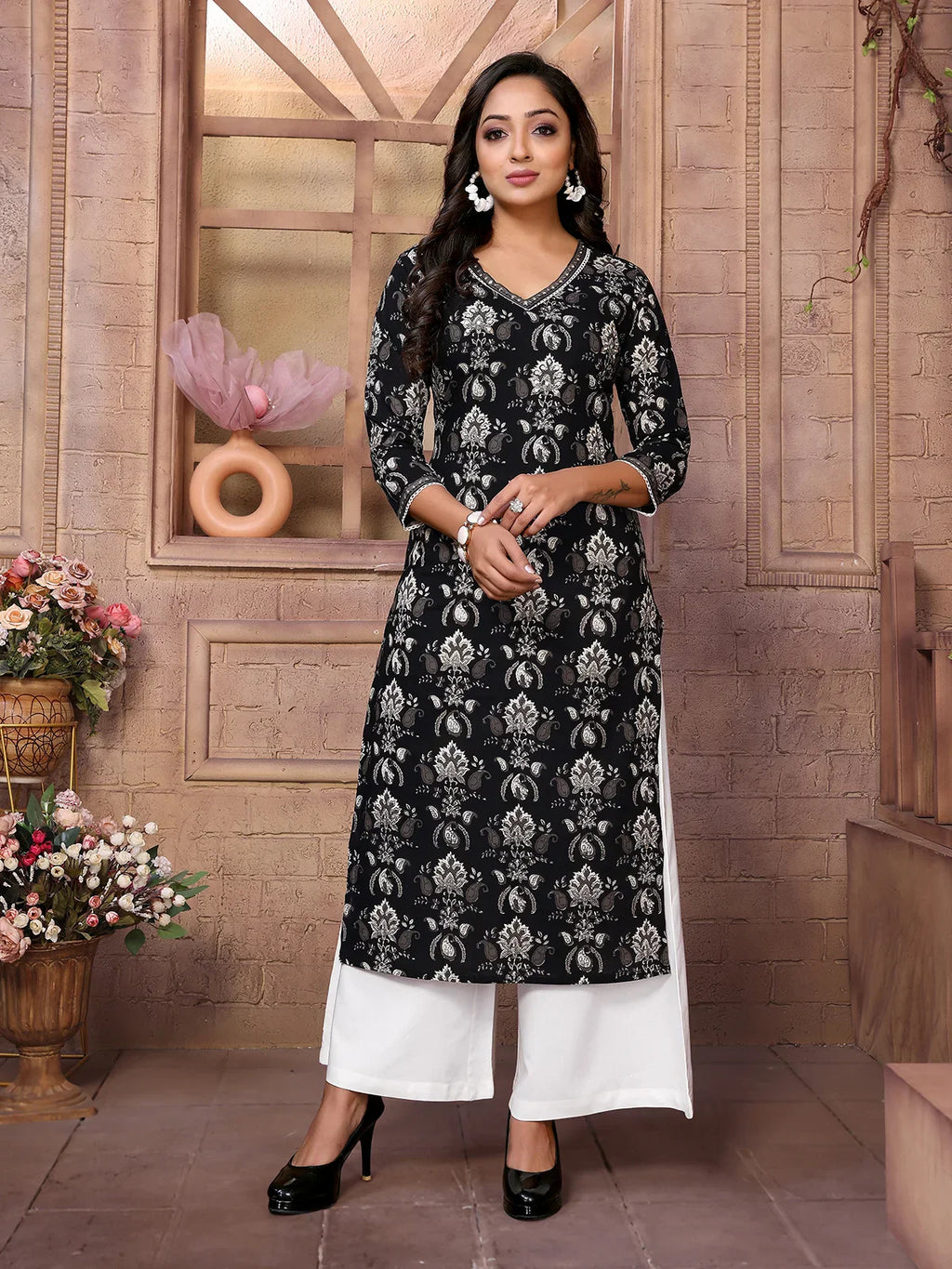 Cotton Embroidered Calf Length Straight Kurta