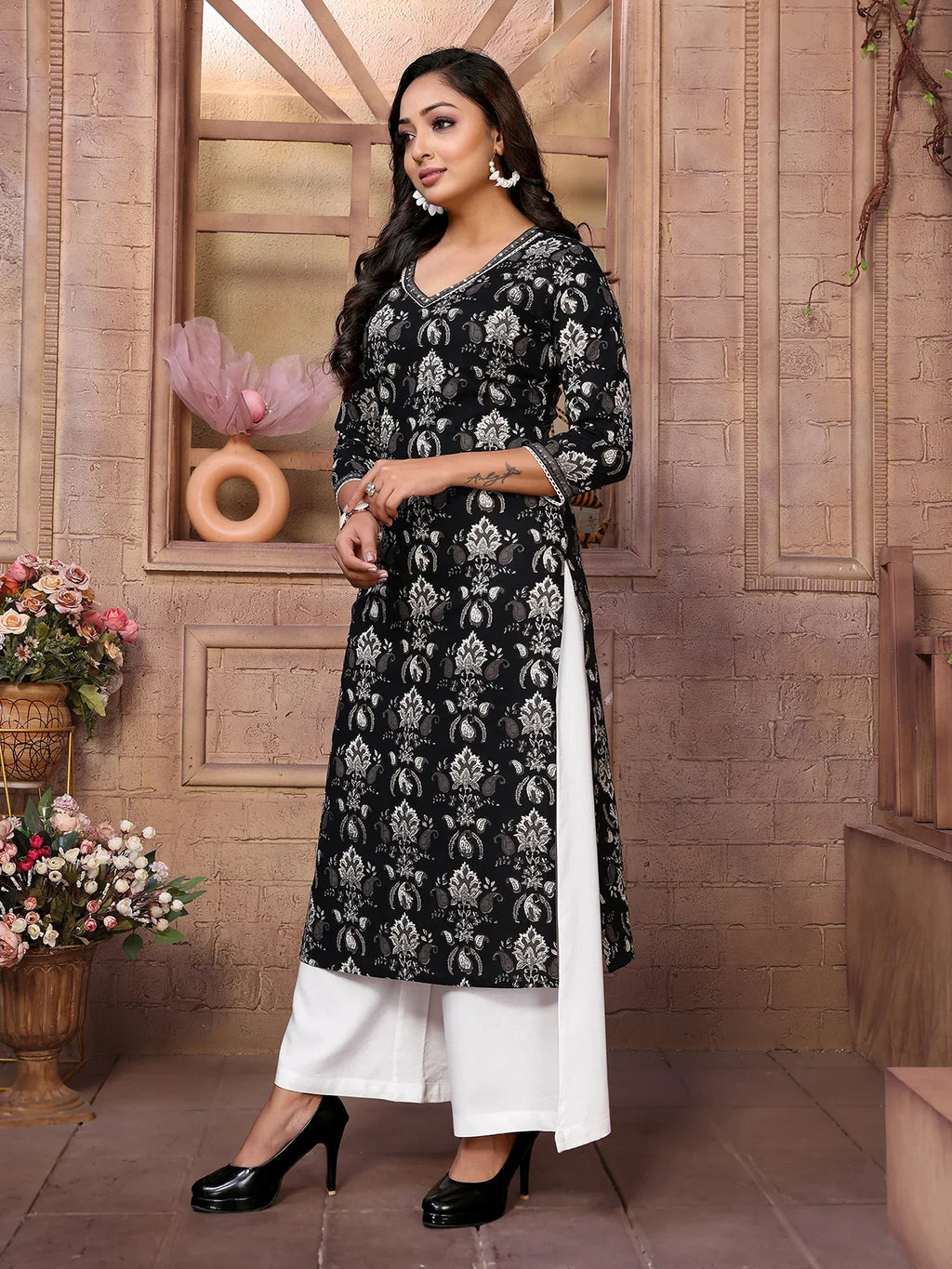 Cotton Embroidered Calf Length Straight Kurta