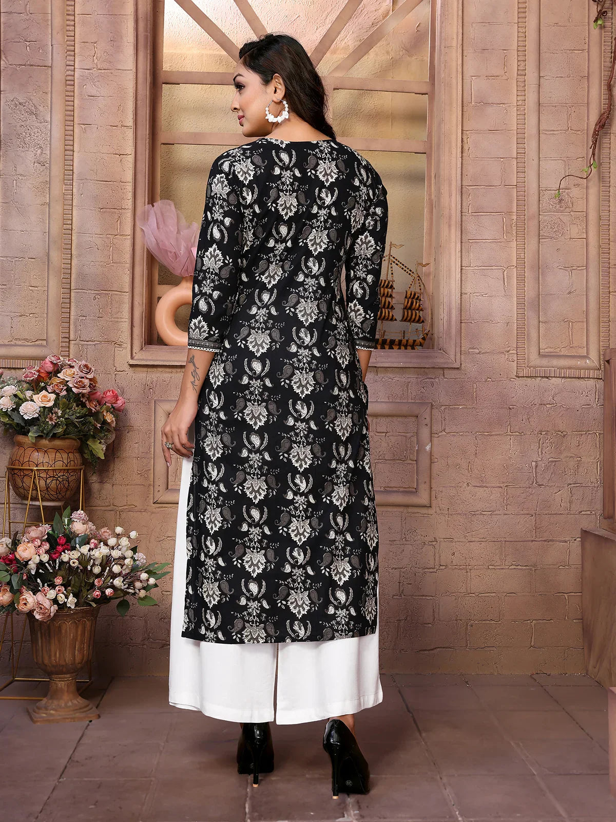 Cotton Embroidered Calf Length Straight Kurta