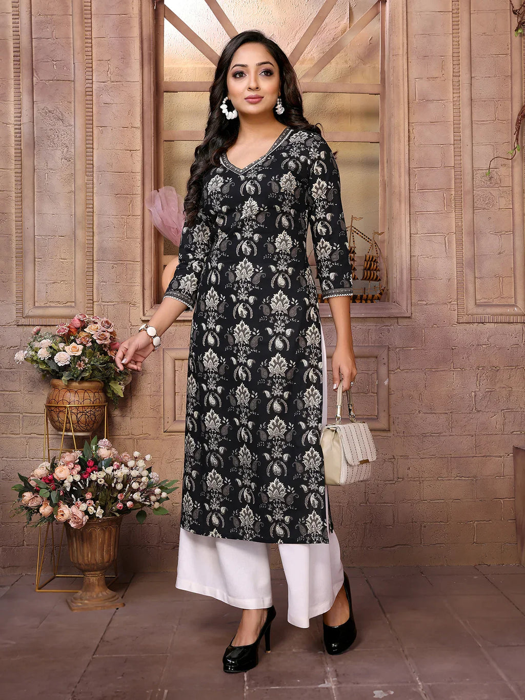 Cotton Embroidered Calf Length Straight Kurta