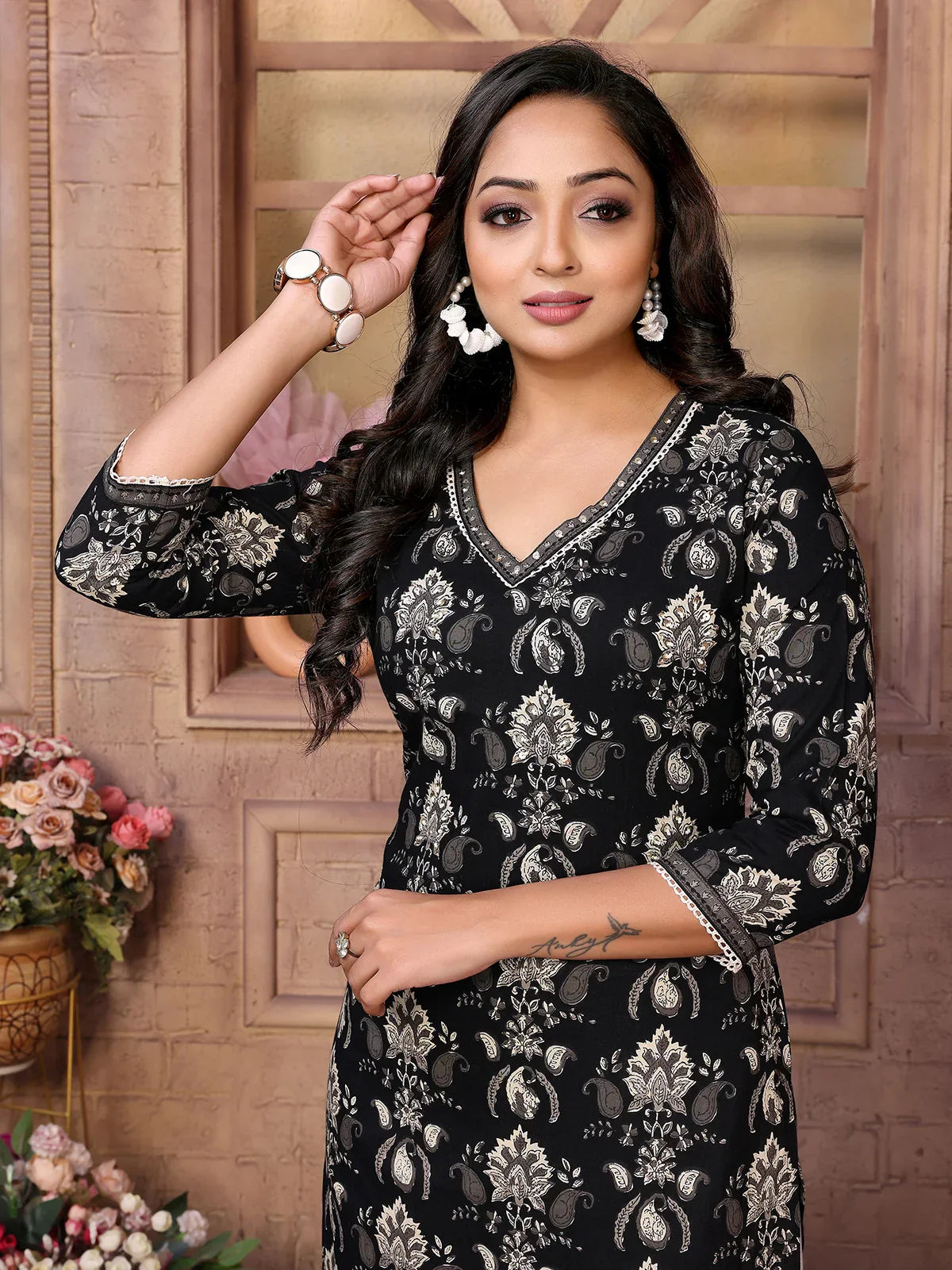 Cotton Embroidered Calf Length Straight Kurta