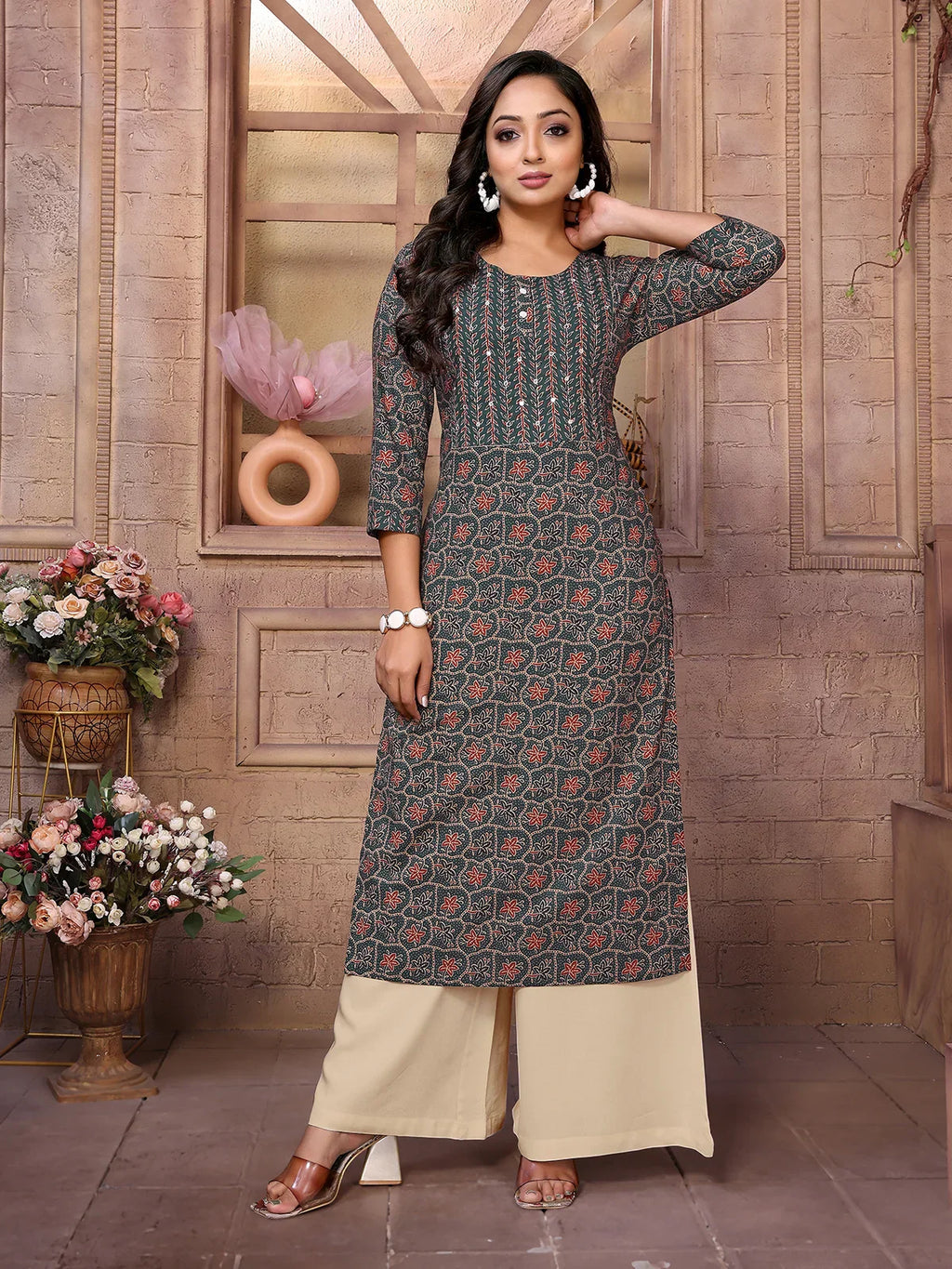 Cotton Embroidered Calf Length Straight Kurta