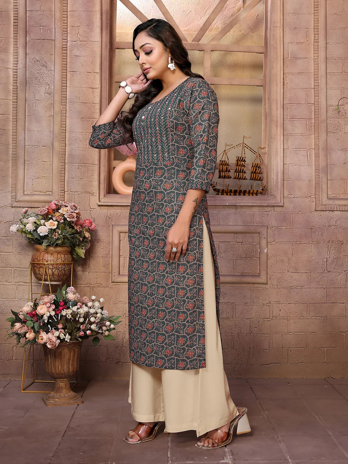 Cotton Embroidered Calf Length Straight Kurta