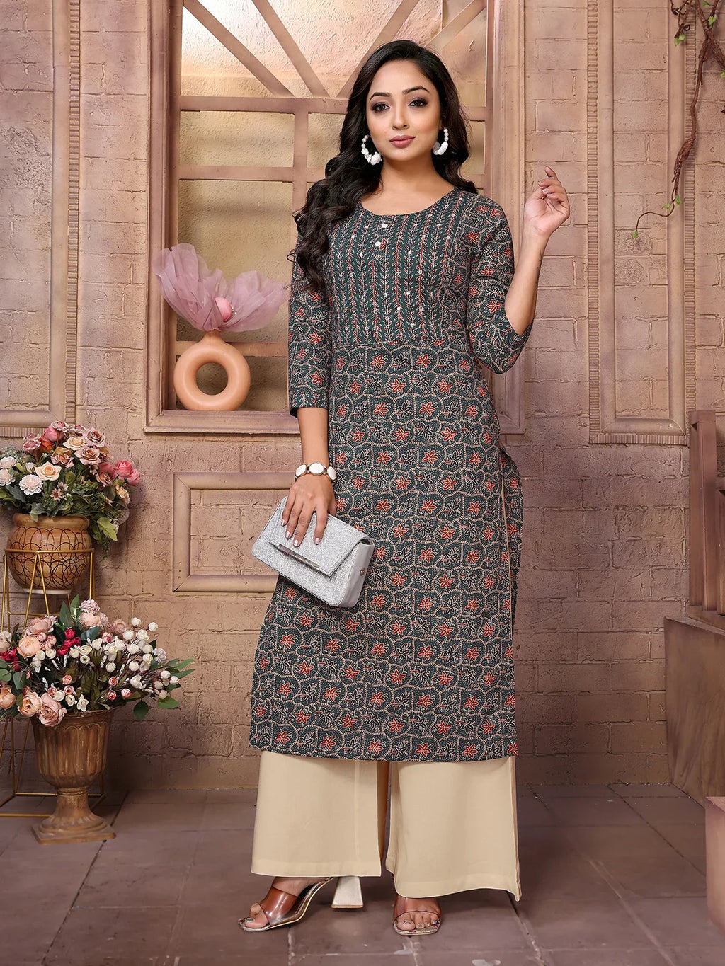 Cotton Embroidered Calf Length Straight Kurta