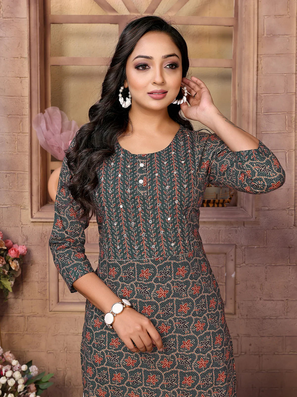 Cotton Embroidered Calf Length Straight Kurta