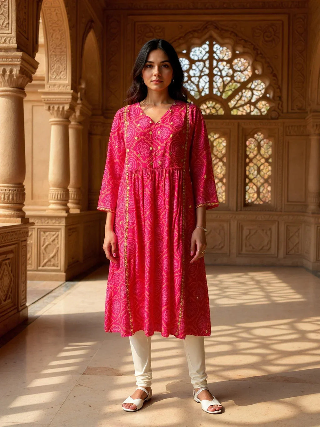 Chanderi Embroidered A-Line Calf Length Kurta