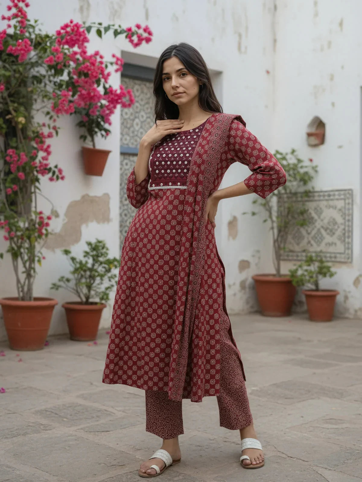 Cotton Embroidered Straight Calf Length Kurta with Pant and Dupatta