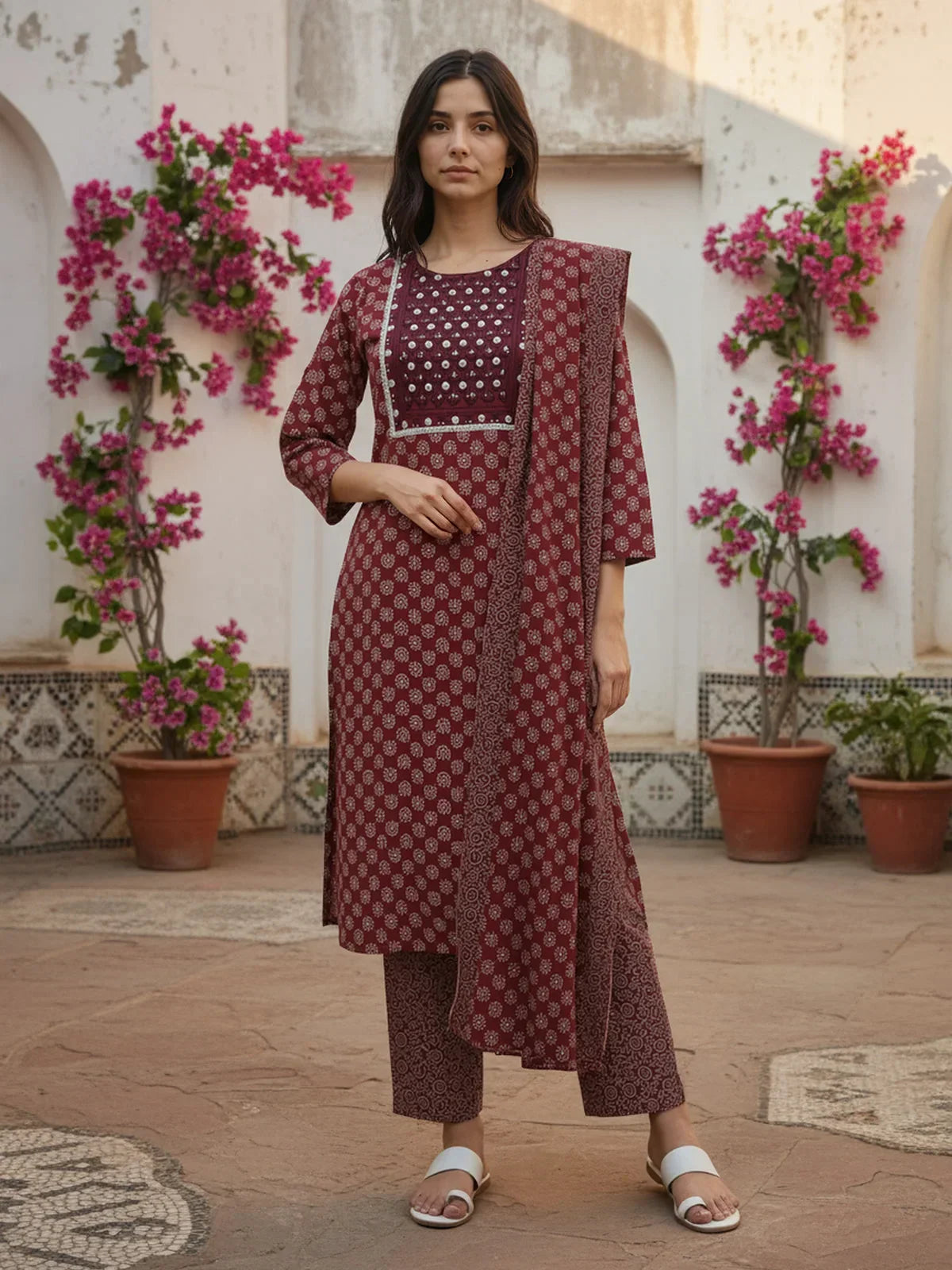 Cotton Embroidered Straight Calf Length Kurta with Pant and Dupatta